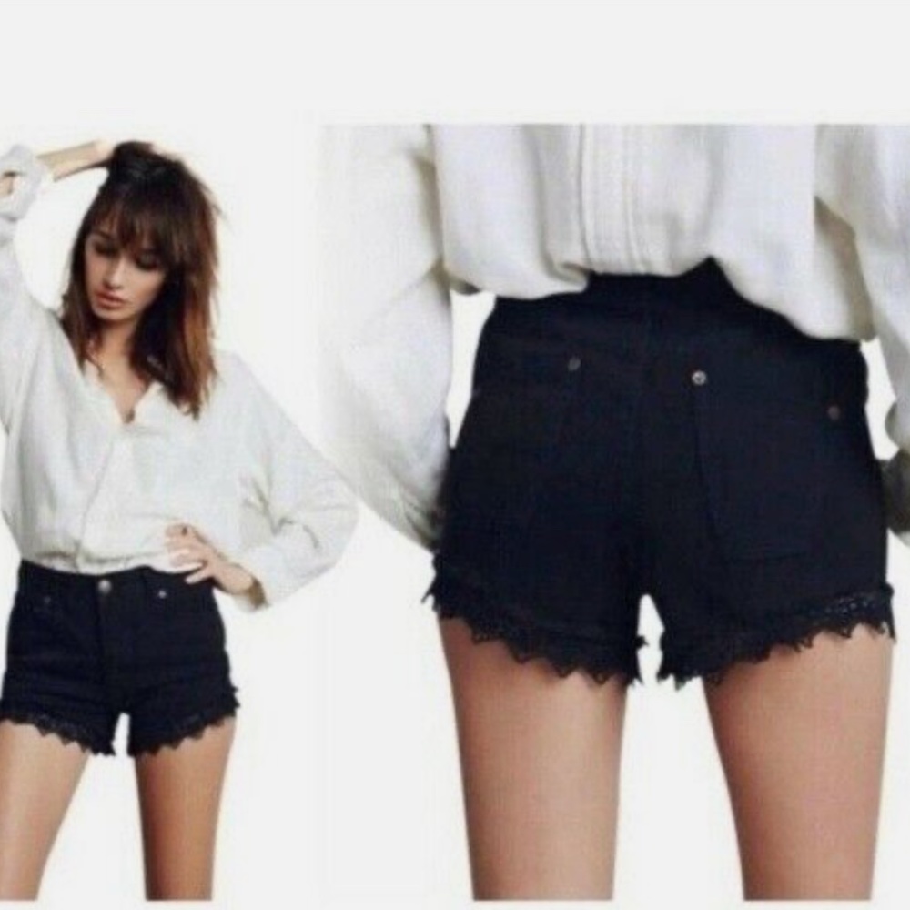 Free People High Waisted Black Jean Shorts with Crochet Hem